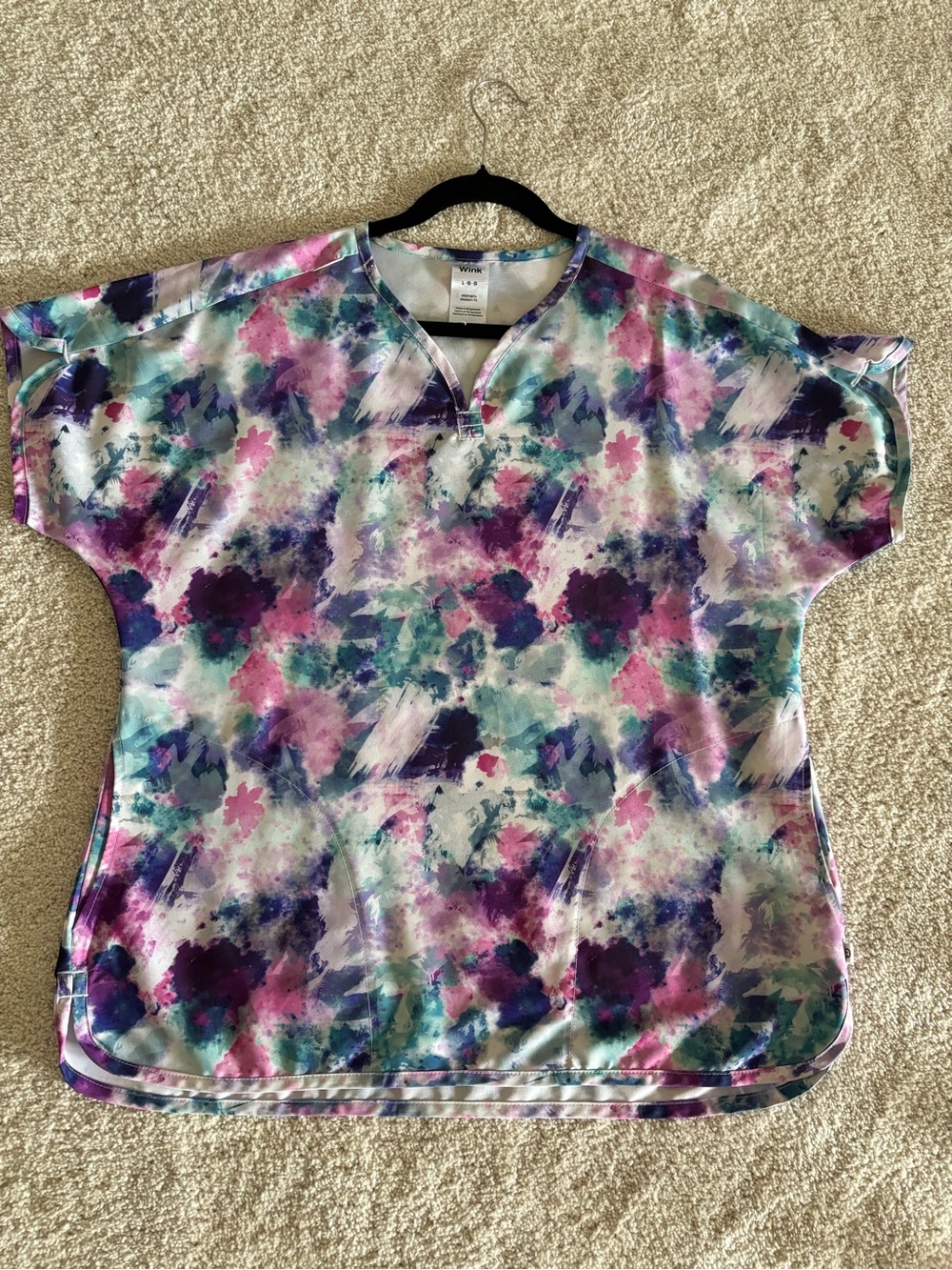 Wink scrub top Watercolor Floral V-Neck Tunic in Purple, Teal & Pink